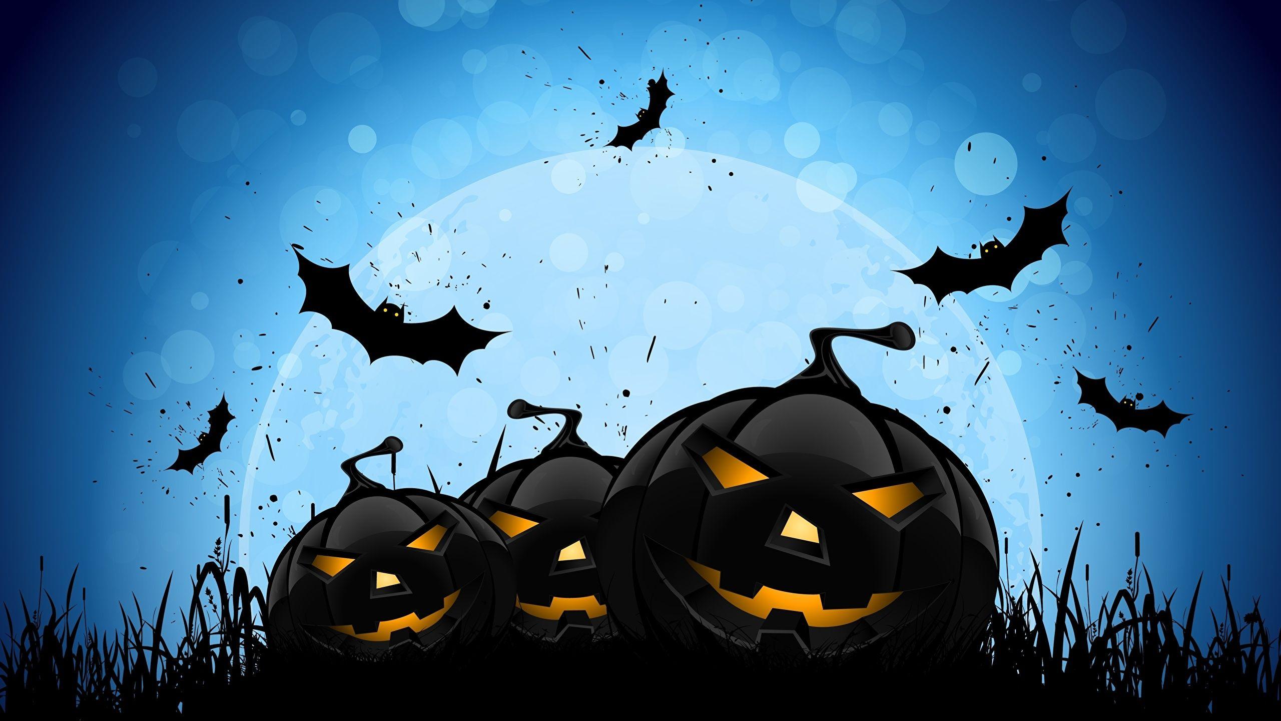 2560x1440 Wallpaper Bats Pumpkin Halloween Moon Holidays Vector 2560x1440