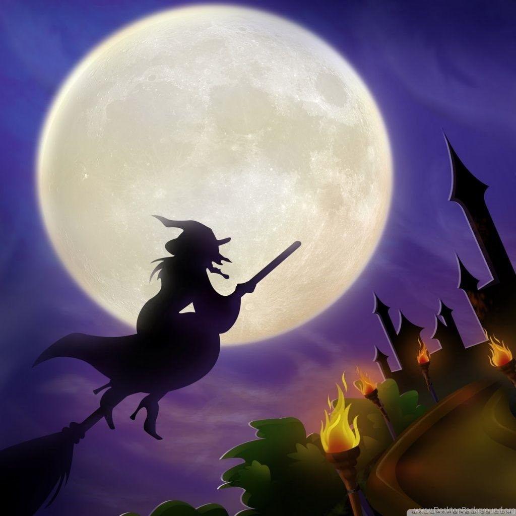 1024x1024 Witch On Broom Full Moon Hallowmas Halloween HD Desktop