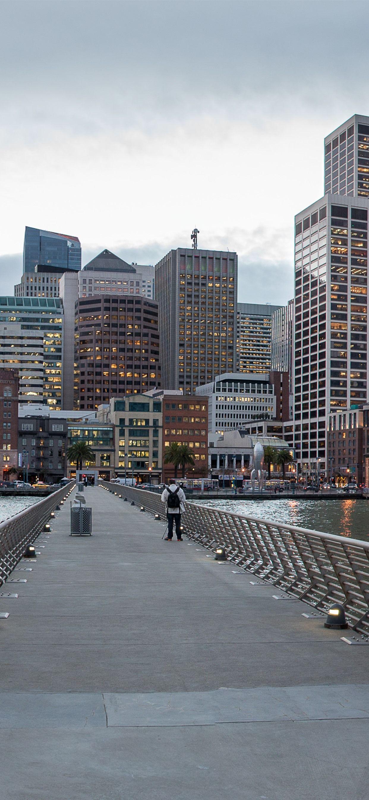 1242x2688 San Francisco, California, USA, skyscrapers, bridge, sea