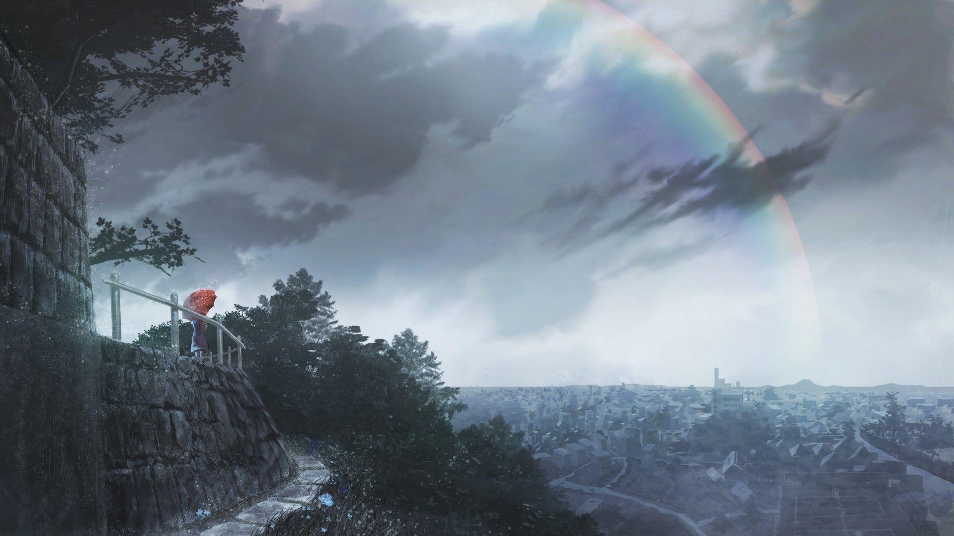 1920x1080 Download 1920x1080 Anime Landscape, Rainbow, Raining