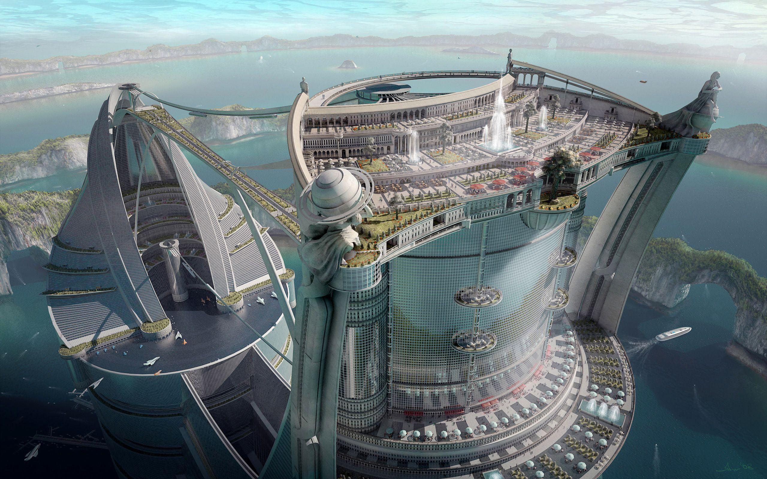 2560x1600 Khoa học viễn tưởng - Thành phố - Tương lai - Nhà xây dựng - Kiến trúc - Hồ - Tàu