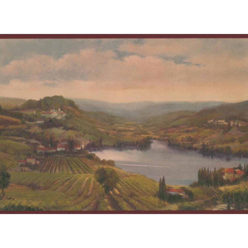 1000x1000 Village on Rolling Hills by Lake Garnet Red Trim Vintage Prepasted Wallpaper Border