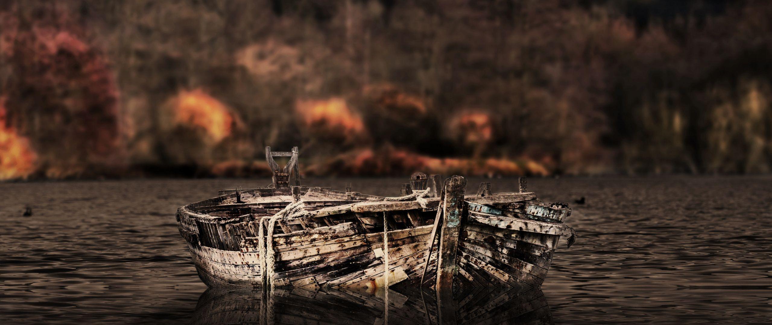 2560x1080 Download 2560x1080 wallpaper vintage, old boat, lake, dual
