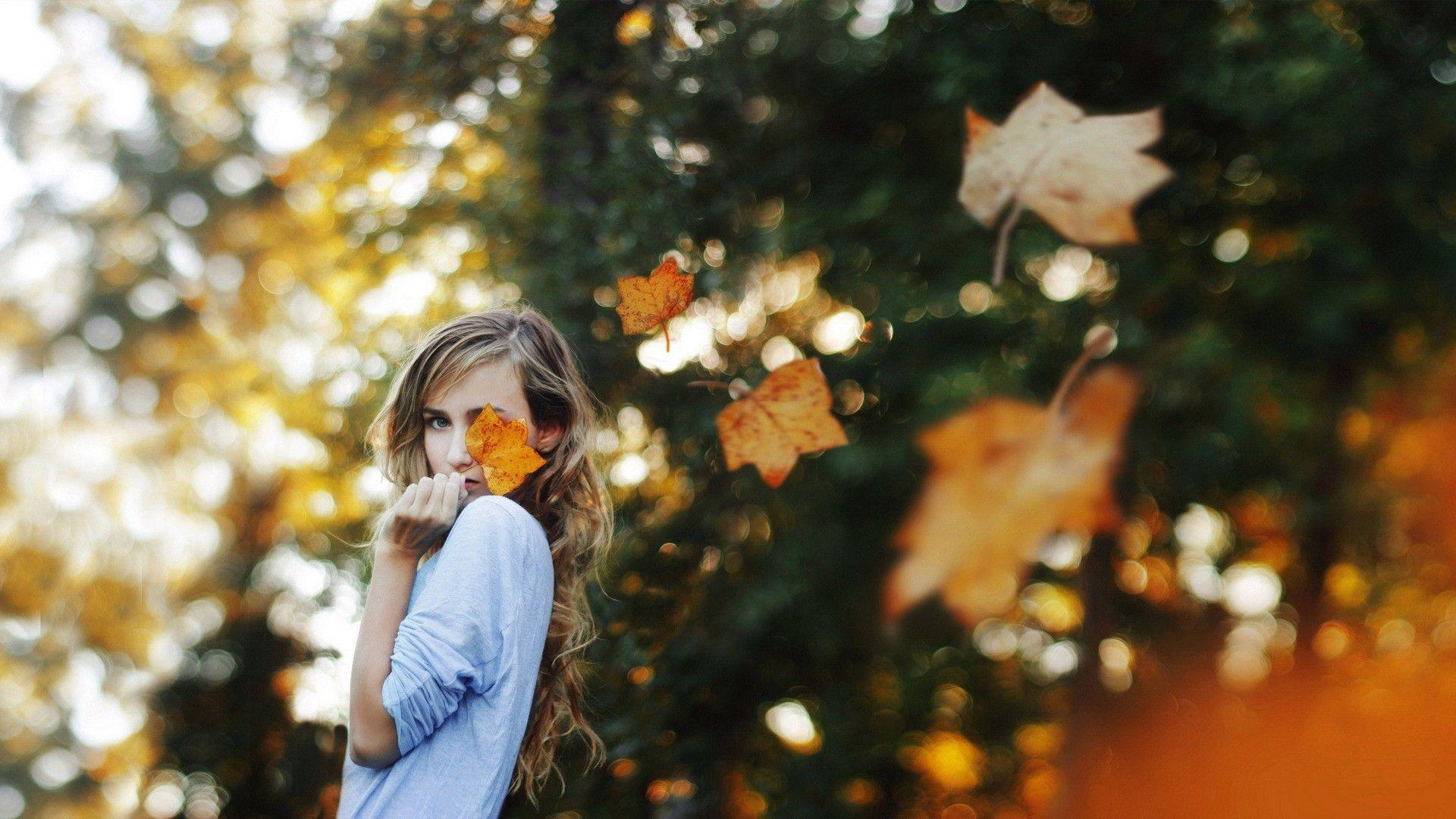 1920x1080 #bokeh, #fall, #blonde, #model, #women outdoors