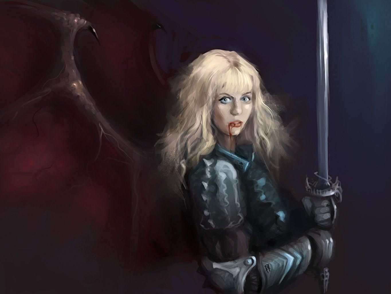 1365x1024 Desktop Wallpaper Swords Blonde girl Warriors female