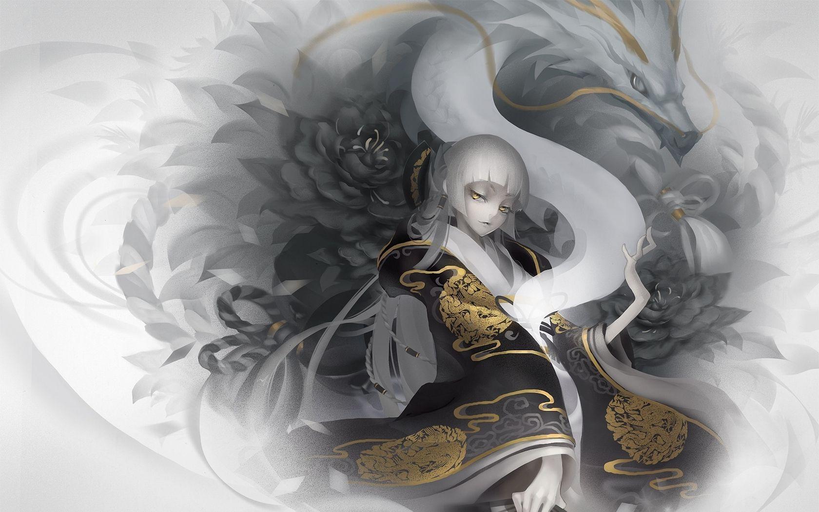 1680x1050 Download wallpaper 1680x1050 dragon spirit, dragon, girl, fan