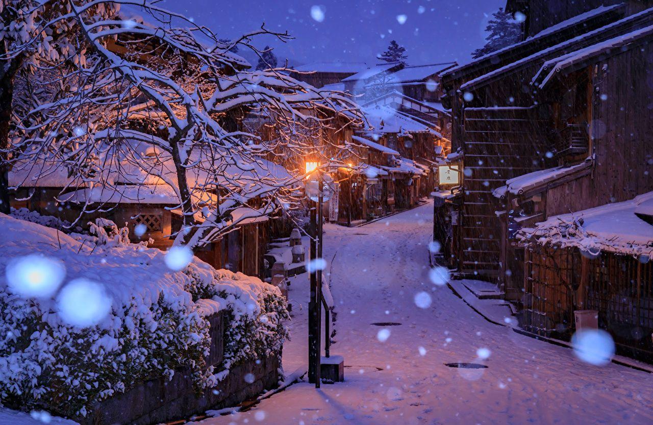 1280x833 Picture Kyoto Japan Winter Snow Street Night Street lights