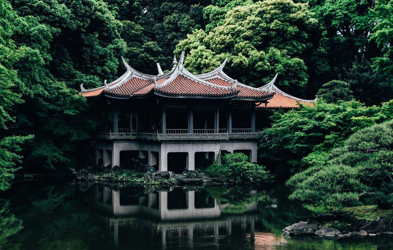 1332x850 Wallpaper Nature, Lake, Trees, Japan, Tokyo, Temple, Architecture, Shinjuku Gyoen old Goryotei image for desktop, section природа