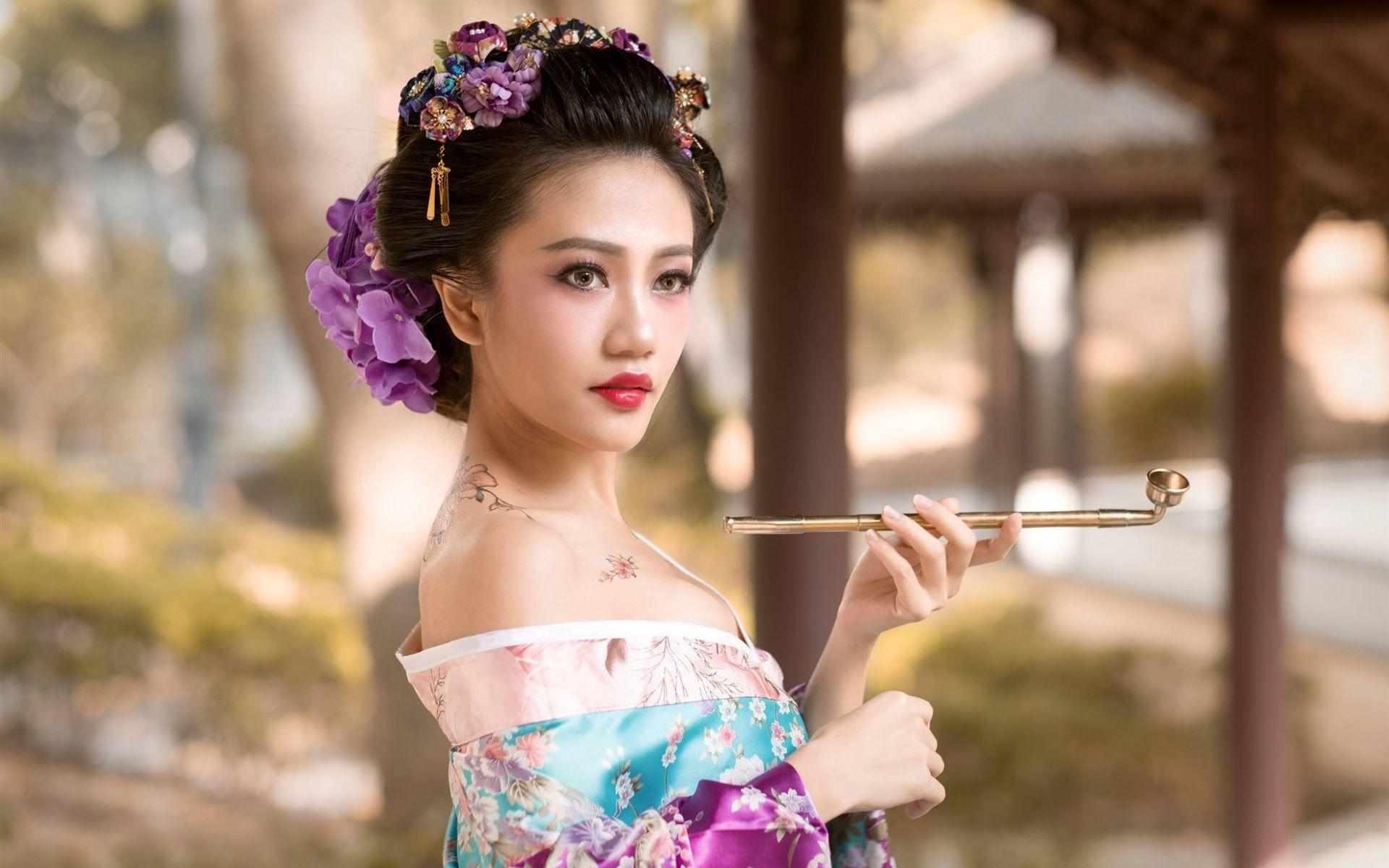 1920x1200 Wallpaper Beautiful Japanese girl, tattoo, kimono, geisha