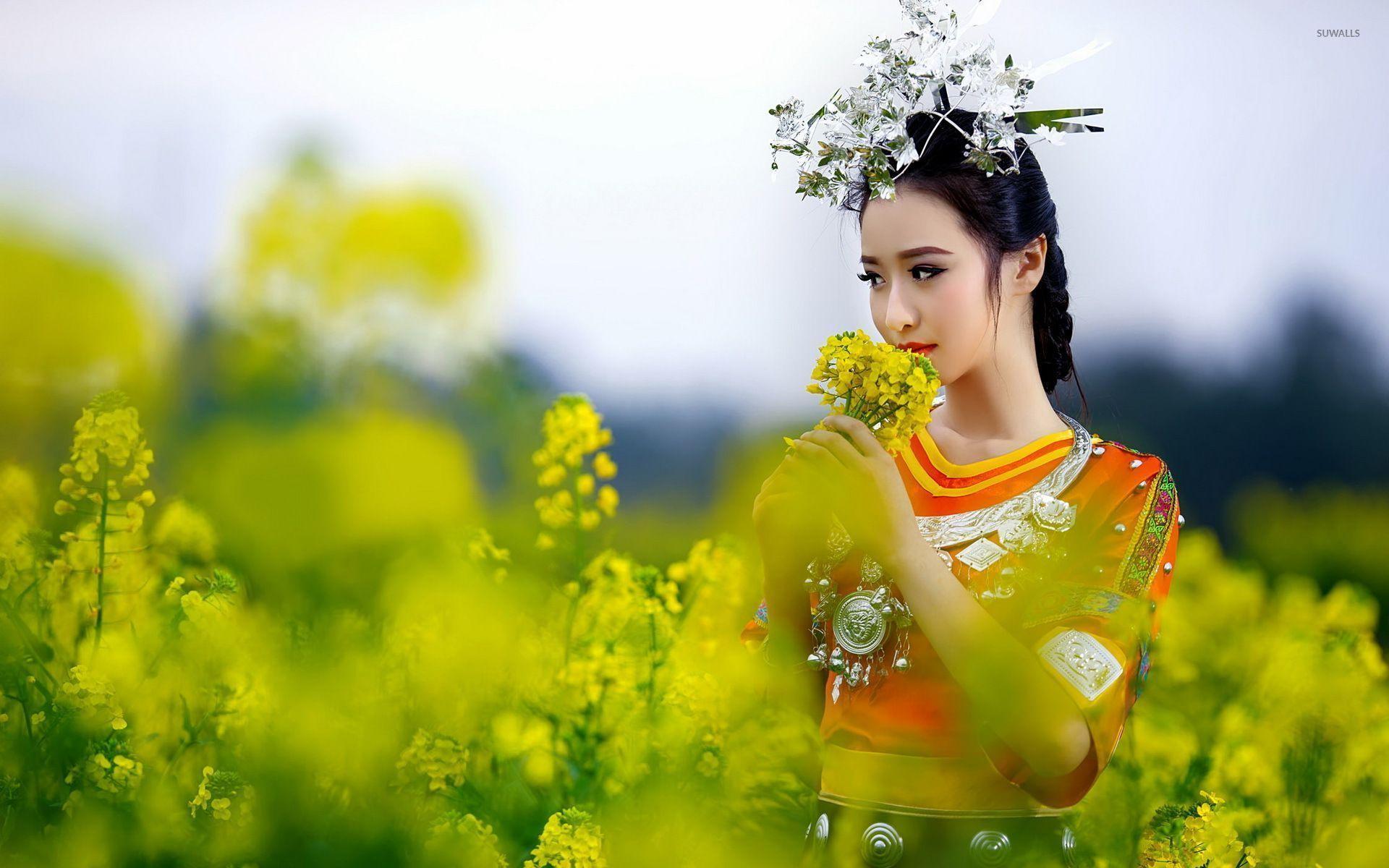 1920x1200 Woman and Flower Wallpaper