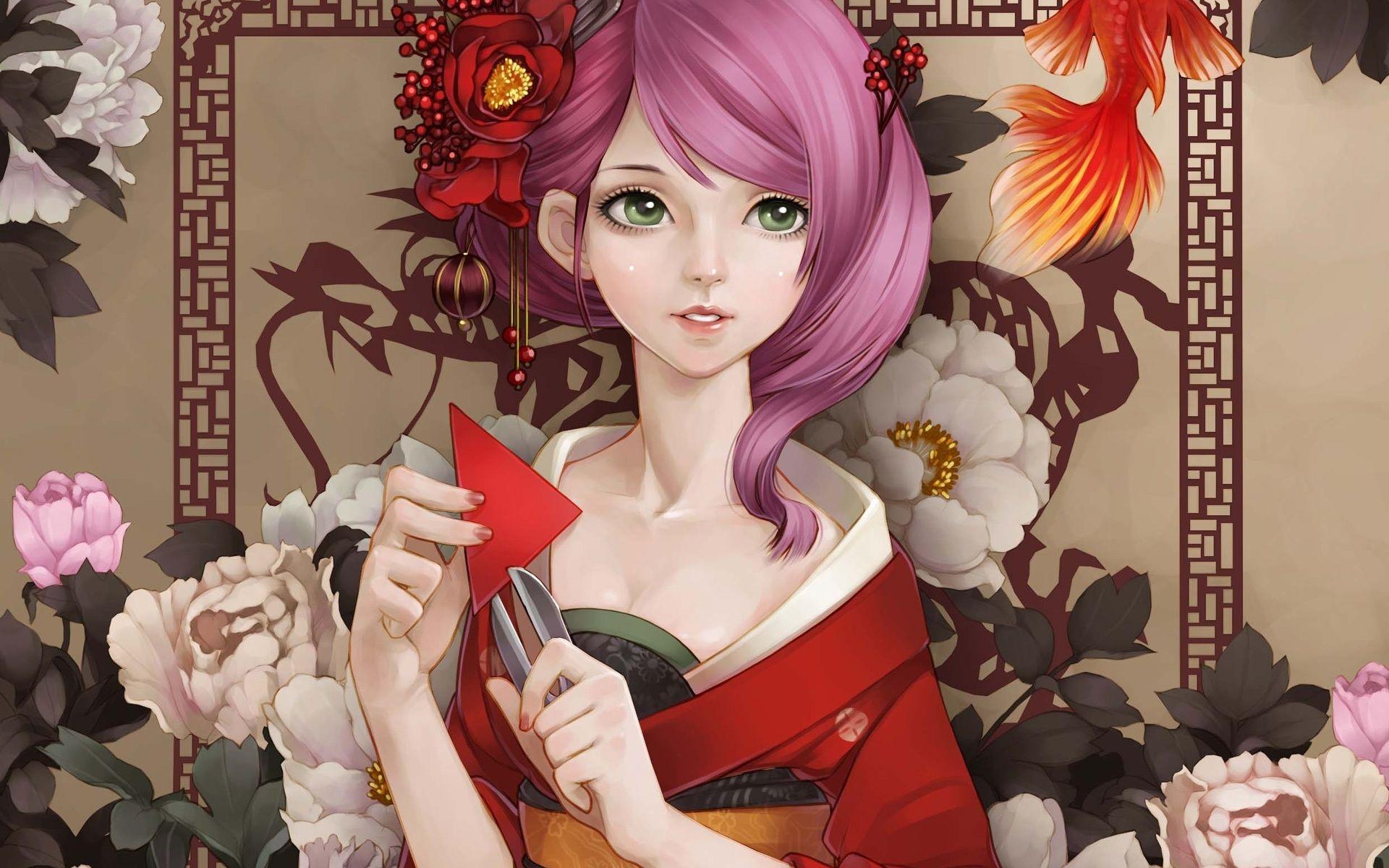 1920x1200 Wallpaper Beautiful kimono Japanese anime girl, pink hair