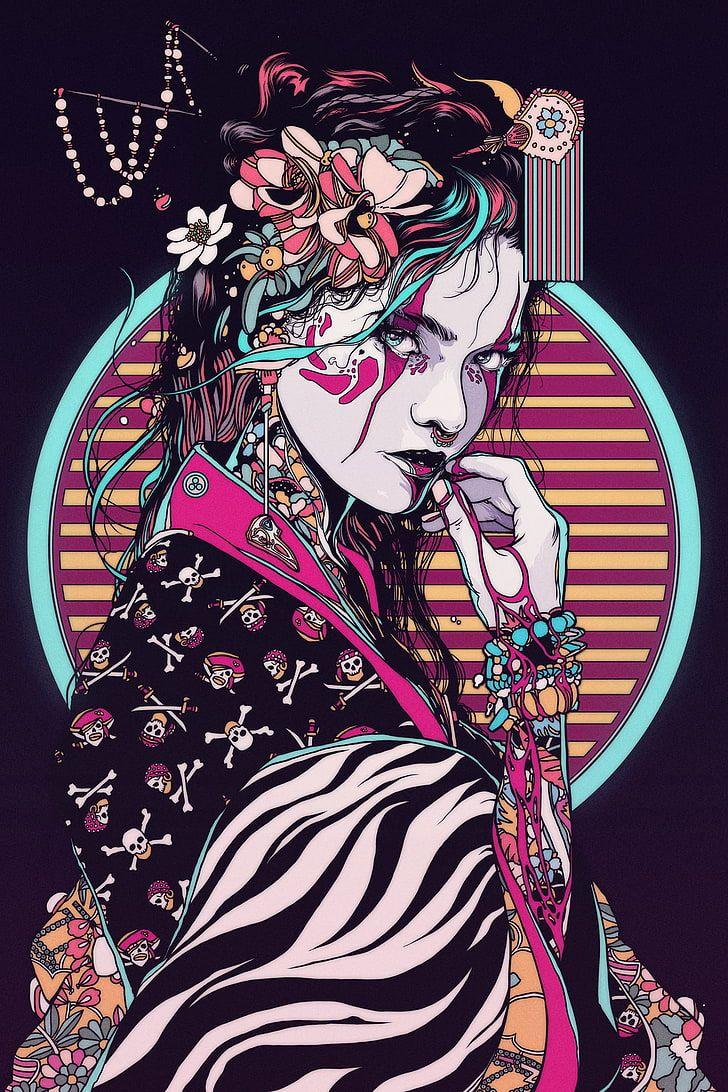 728x1092 HD wallpaper: Conrado Salinas, women, geisha, kimono, artwork, illustration