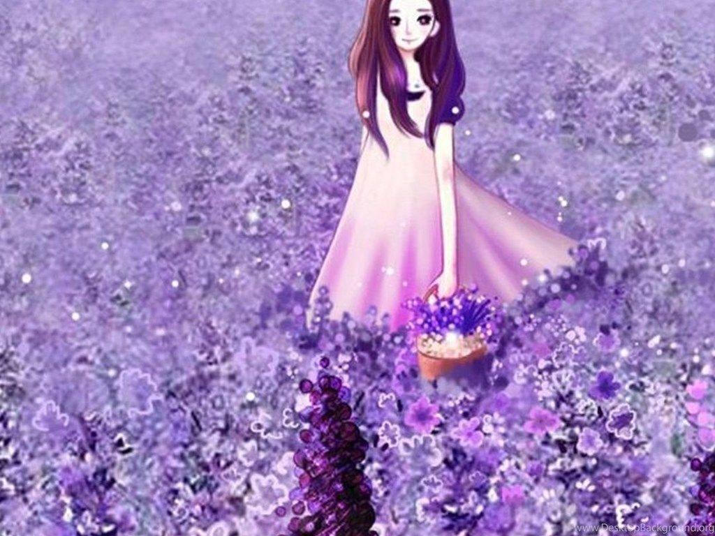 1024x768 Anime Cô gái dễ thương trong vườn hoa màu tím Hình nền iPhone 6