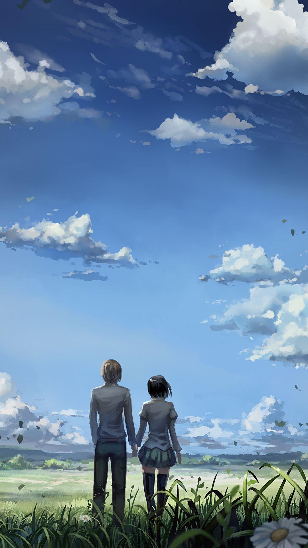 1080x1920 Desktop Wallpaper guy 2 Anime young woman Sky Clouds 1080x1920