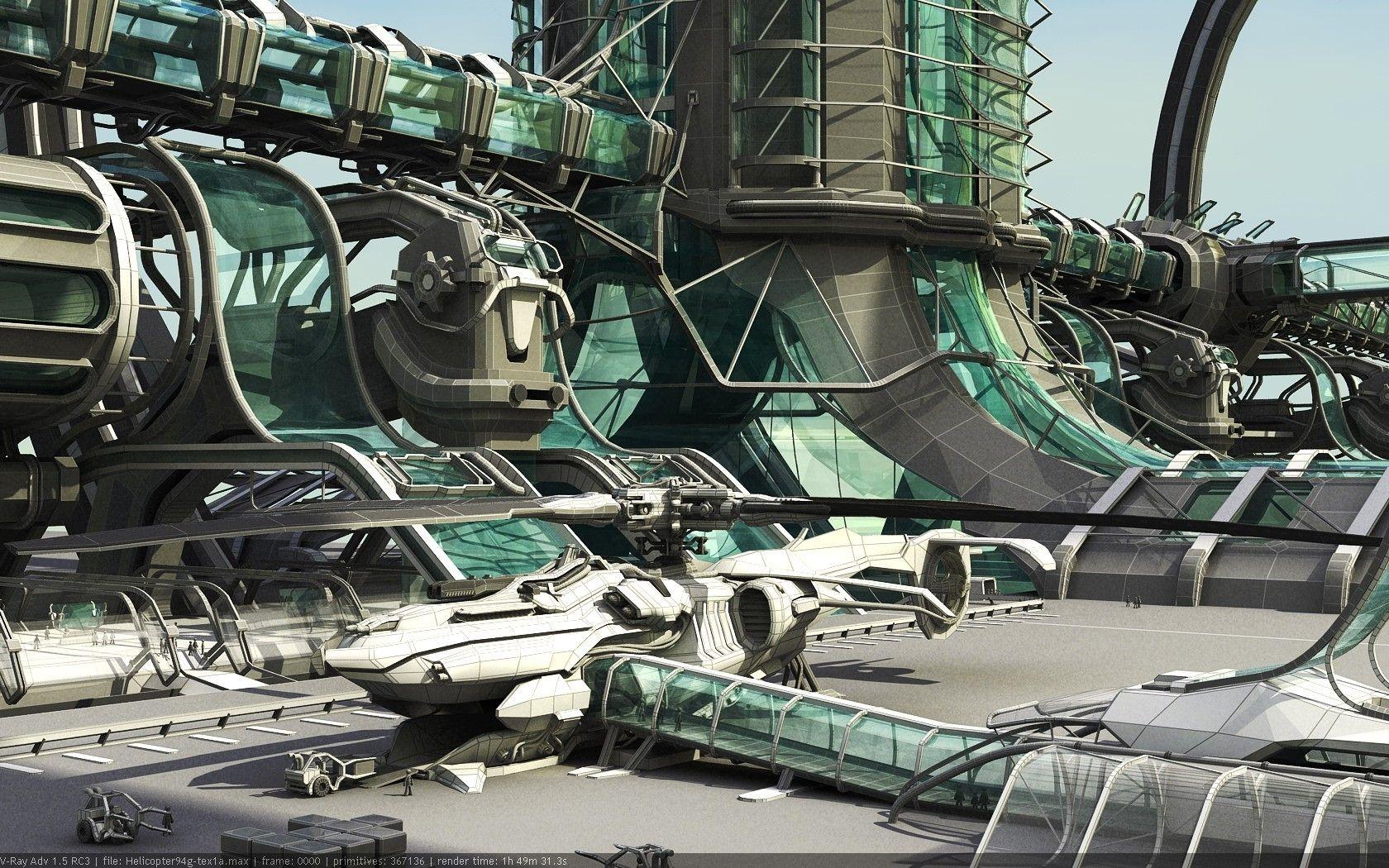 1680x1050 3D view abstract futuristic buildings chopper spaceships geometry