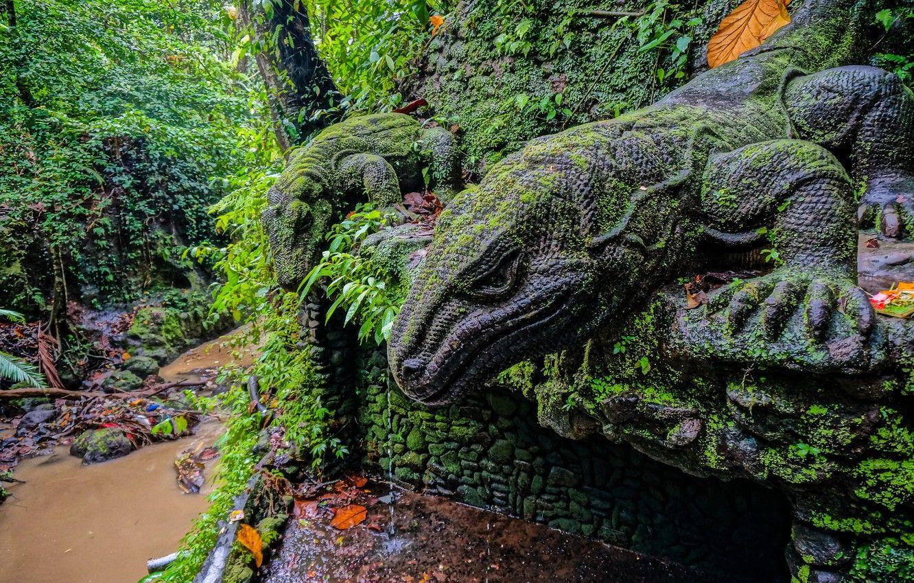 1332x850 Wallpaper forest, river, Bali, Indonesia, statues, reserve