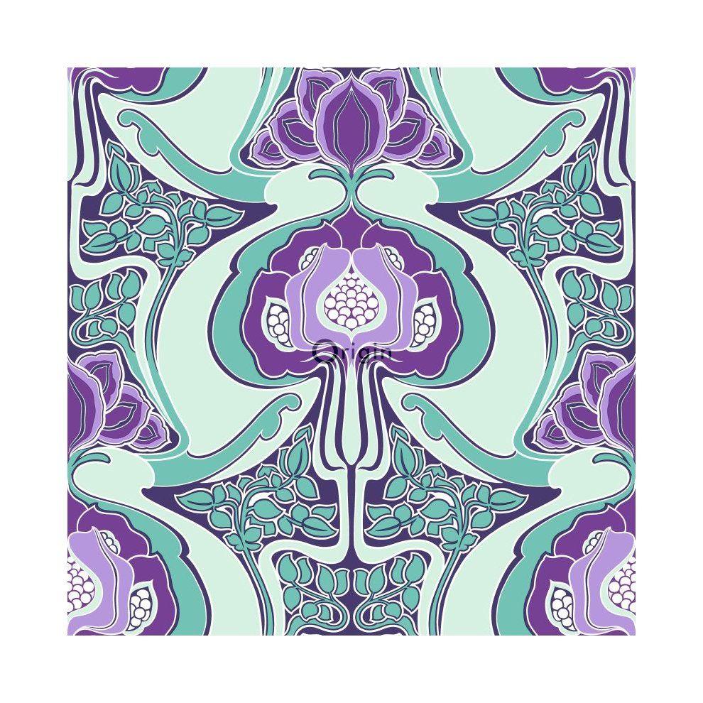 990x990 wallpaper Art Nouveau floral pattern purple and light azure blue