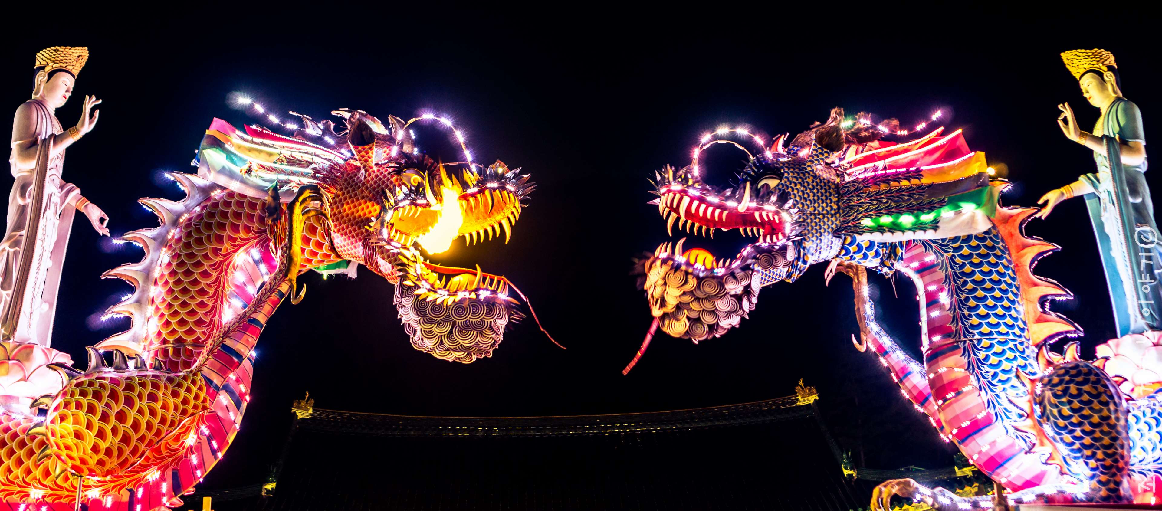 3840x1689 buddha, dragons, south korea 4k wallpaper