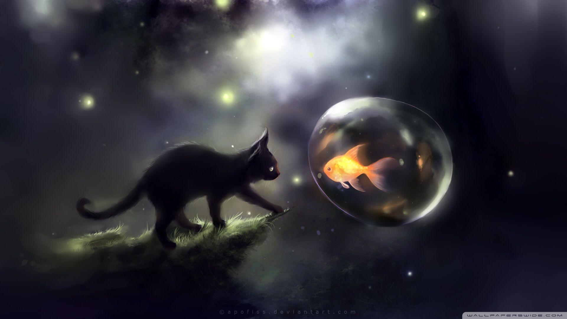 1920x1080 Black Kitty And Golden Fish ❤ 4K HD Desktop Wallpaper