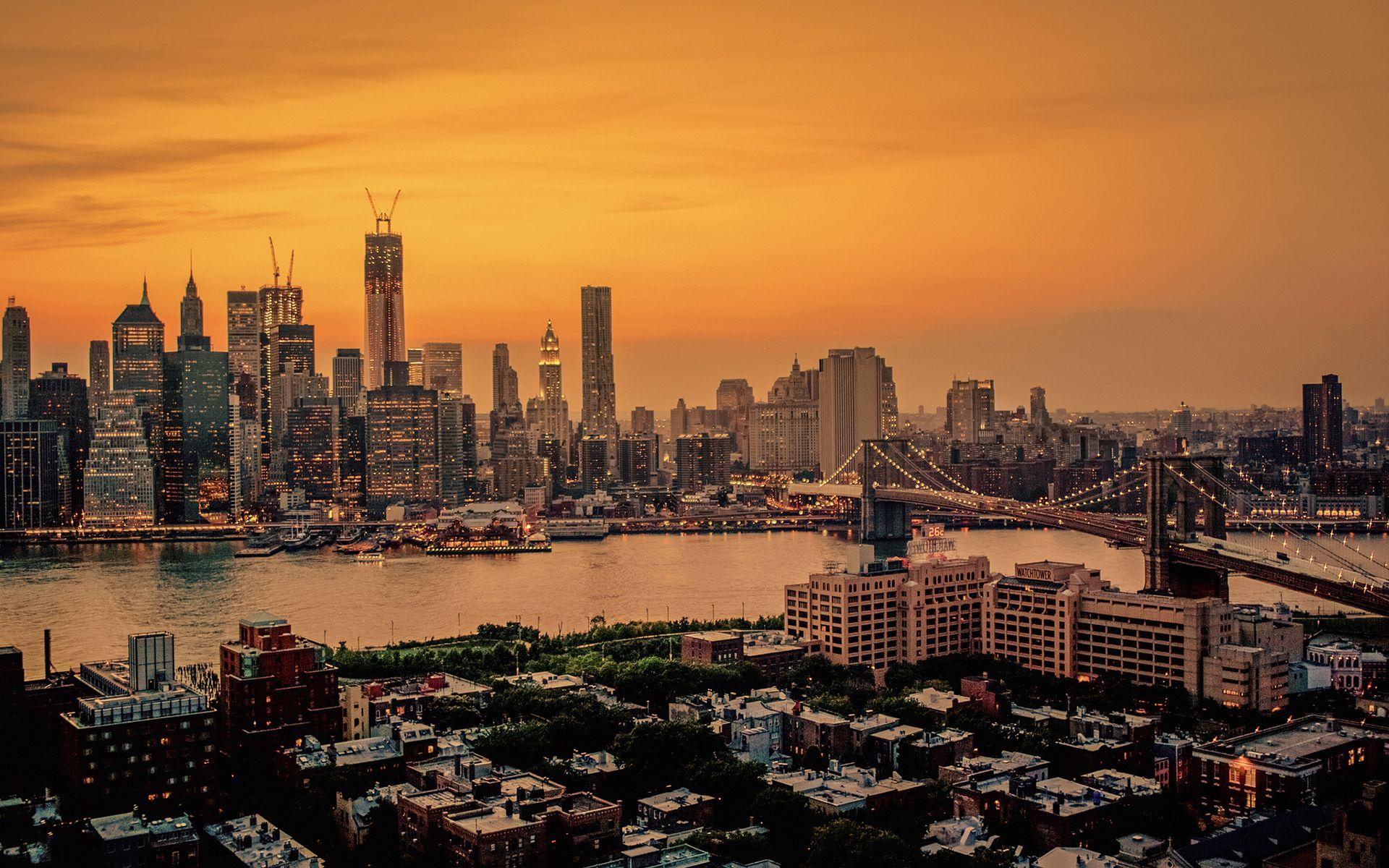 1920x1200 New York Buildings Skyscrapers Brooklyn Bridge sky sunset sunrise wallpaperx1200