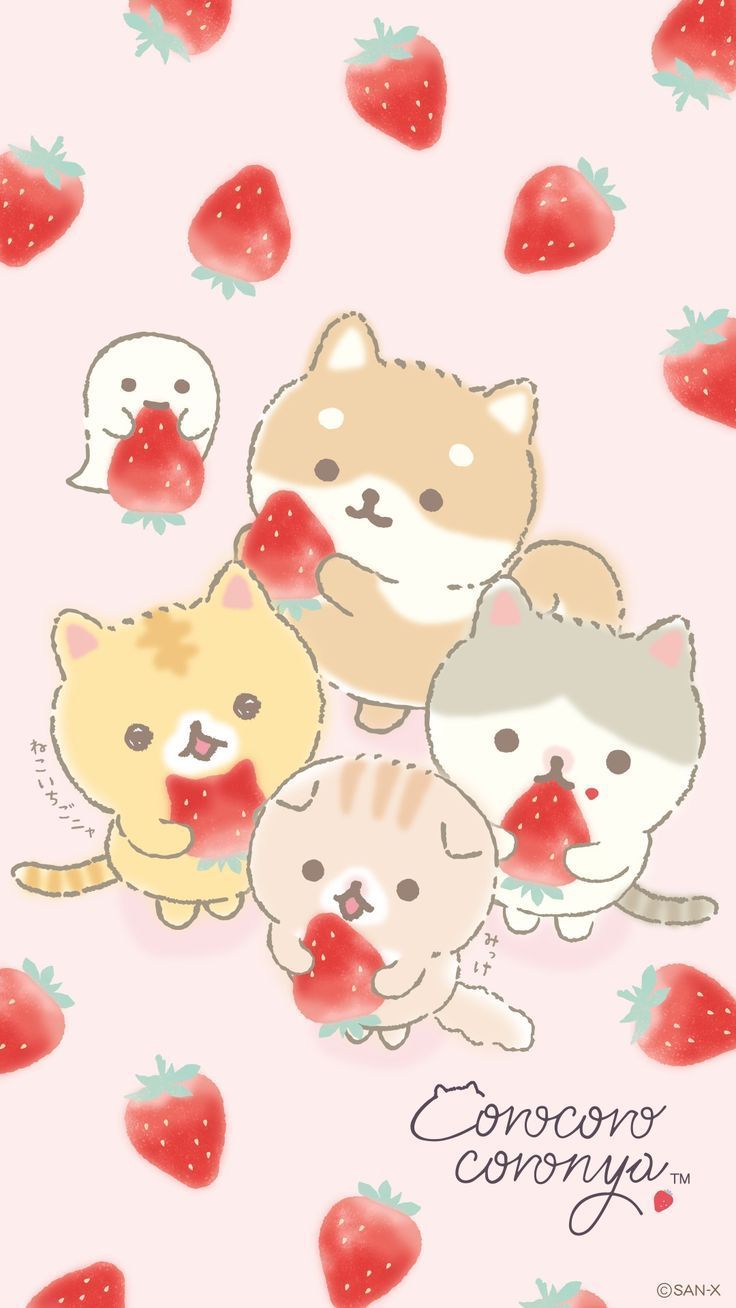 736x1308 Strawberry cat background. Cute strawberry cat wallpaper, Kawaii wallpaper, Sanrio wallpaper
