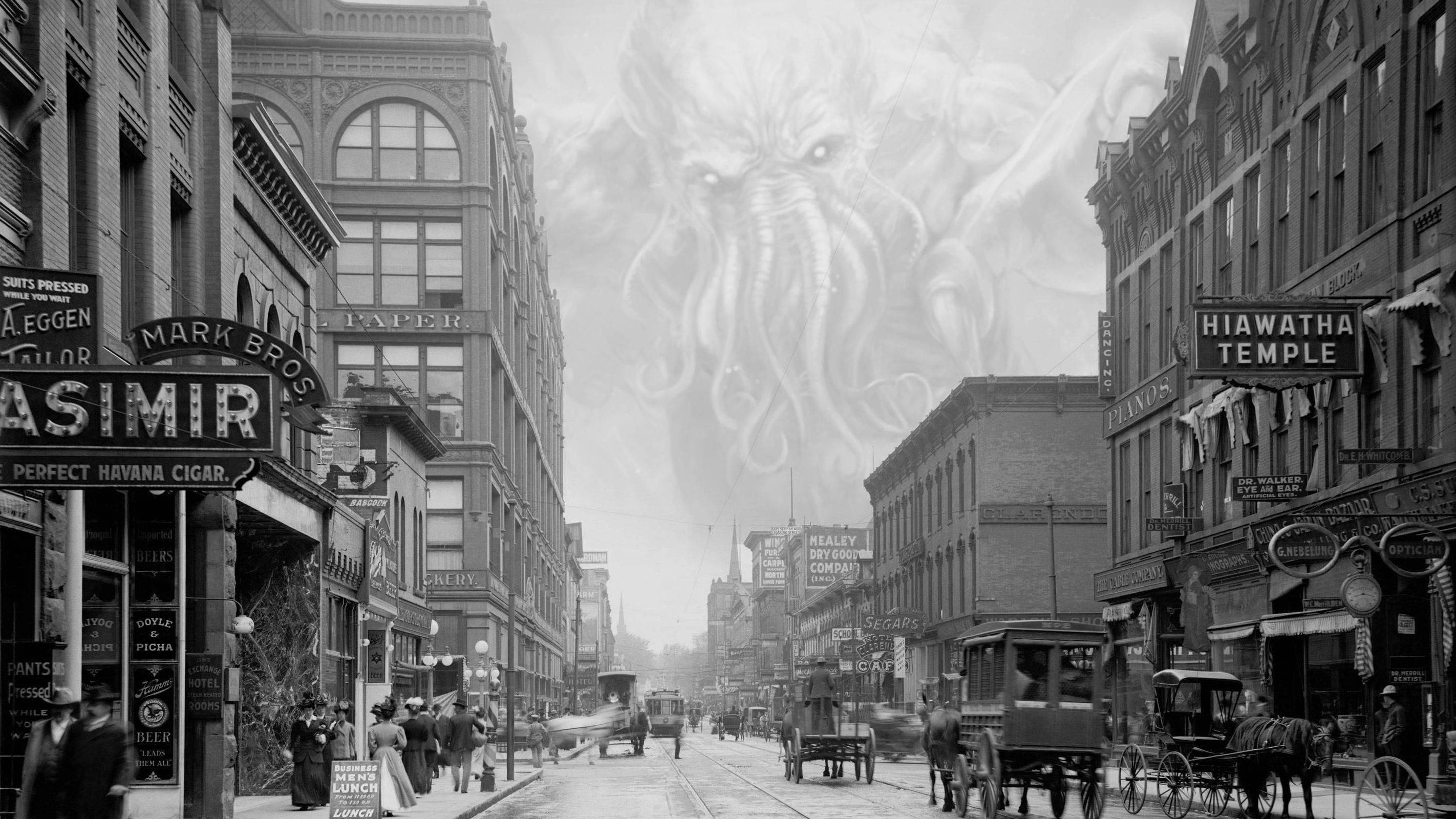 2844x1600 Cthulhu invading and old city street