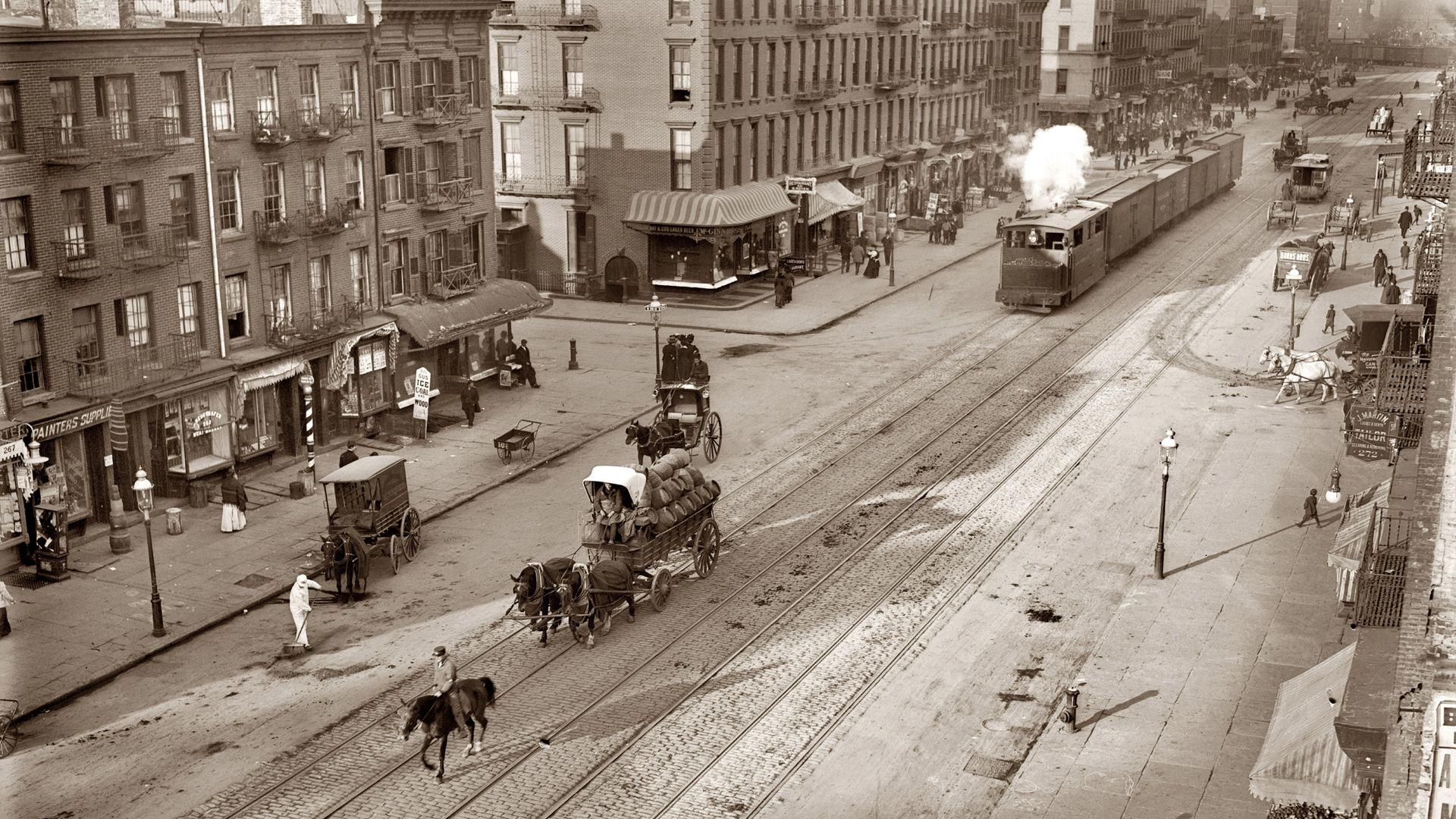 1920x1080 vintage, old, trains, New York City, sepia, horses, wagons