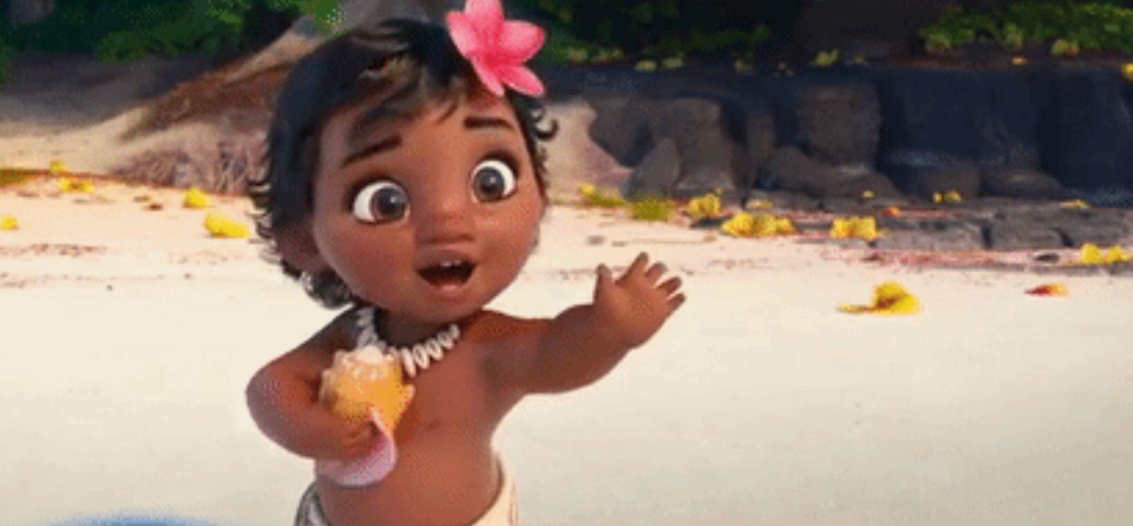 1638x761 Baby Moana her hair is so cute with the flower in. DISNEY