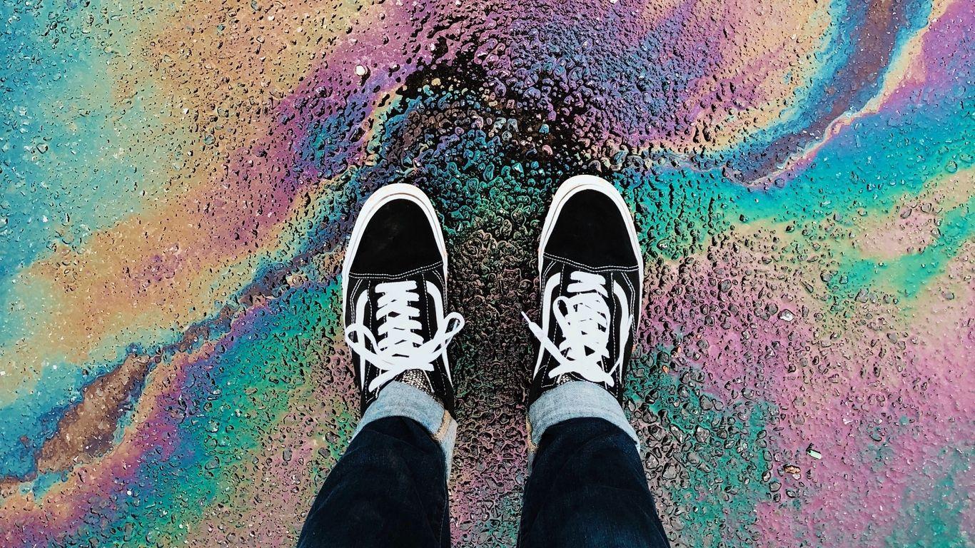 1366x768 Download wallpaper 1366x768 feet, sneakers, color, vibrant