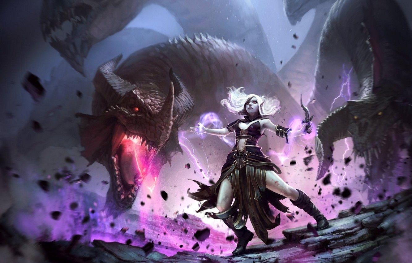 1332x850 Wallpaper girl, dragon, ritual, fantasy, MAG, dagger, girl, fantasy, drow, dragon, dark elf, dark elf, mage, priest, priest, ritual image for desktop, section игры
