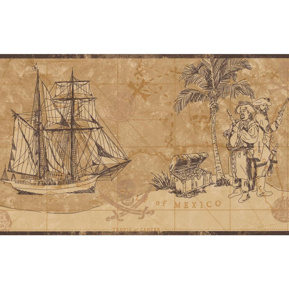 1000x1000 Vintage Pirates Map Chest of Gold Frigate Sail Ship Nautical Beige Brown Prepasted Wallpaper Border