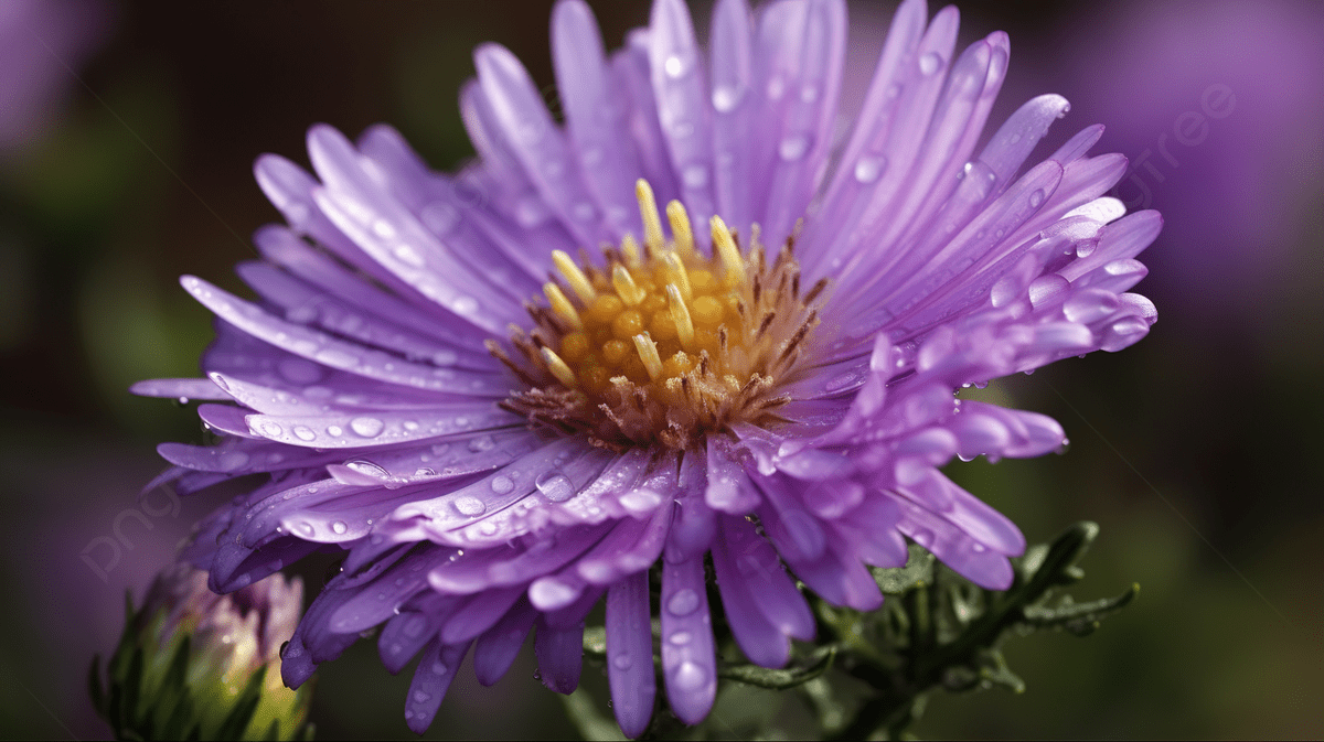 1200x673 Purple Aster Flower With Water Drops