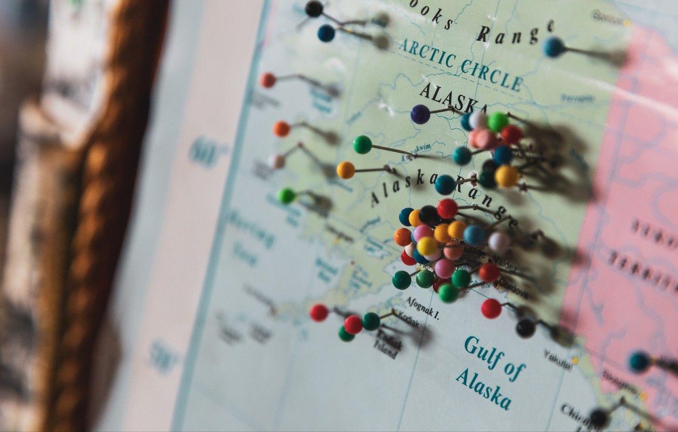 1332x850 Wallpaper wallpaper, Alaska, macro, blur, map, travel, pins