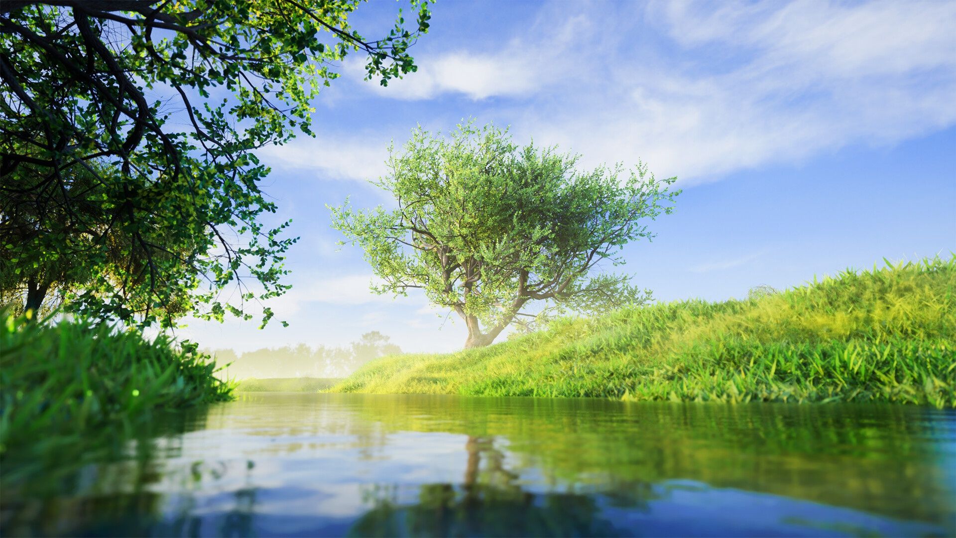 1920x1080 Wallpaper river, sky, trees, nature