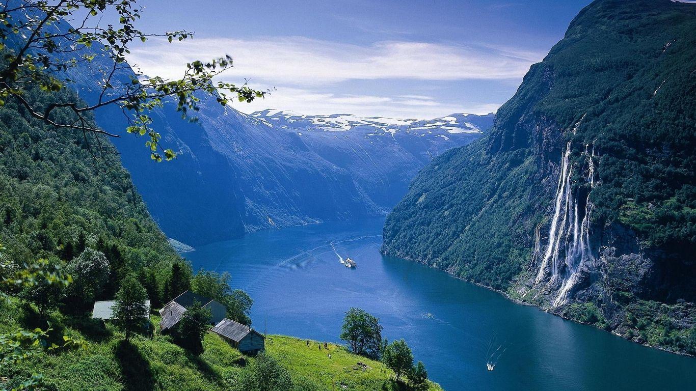 1366x768 Download wallpaper 1366x768 mountain, river, grass, sky