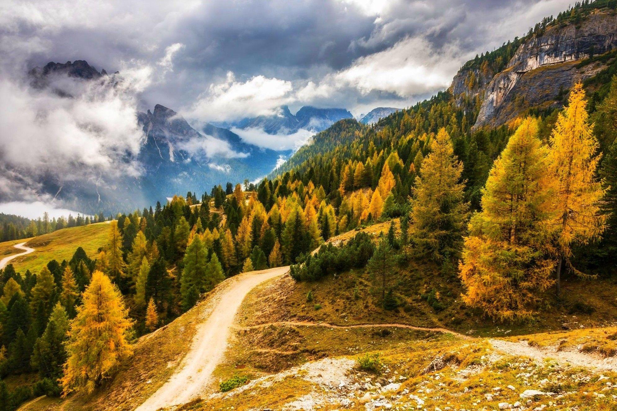 1989x1325 fall, Mountain, Clouds, Forest, Road, Alps, Italy, Nature