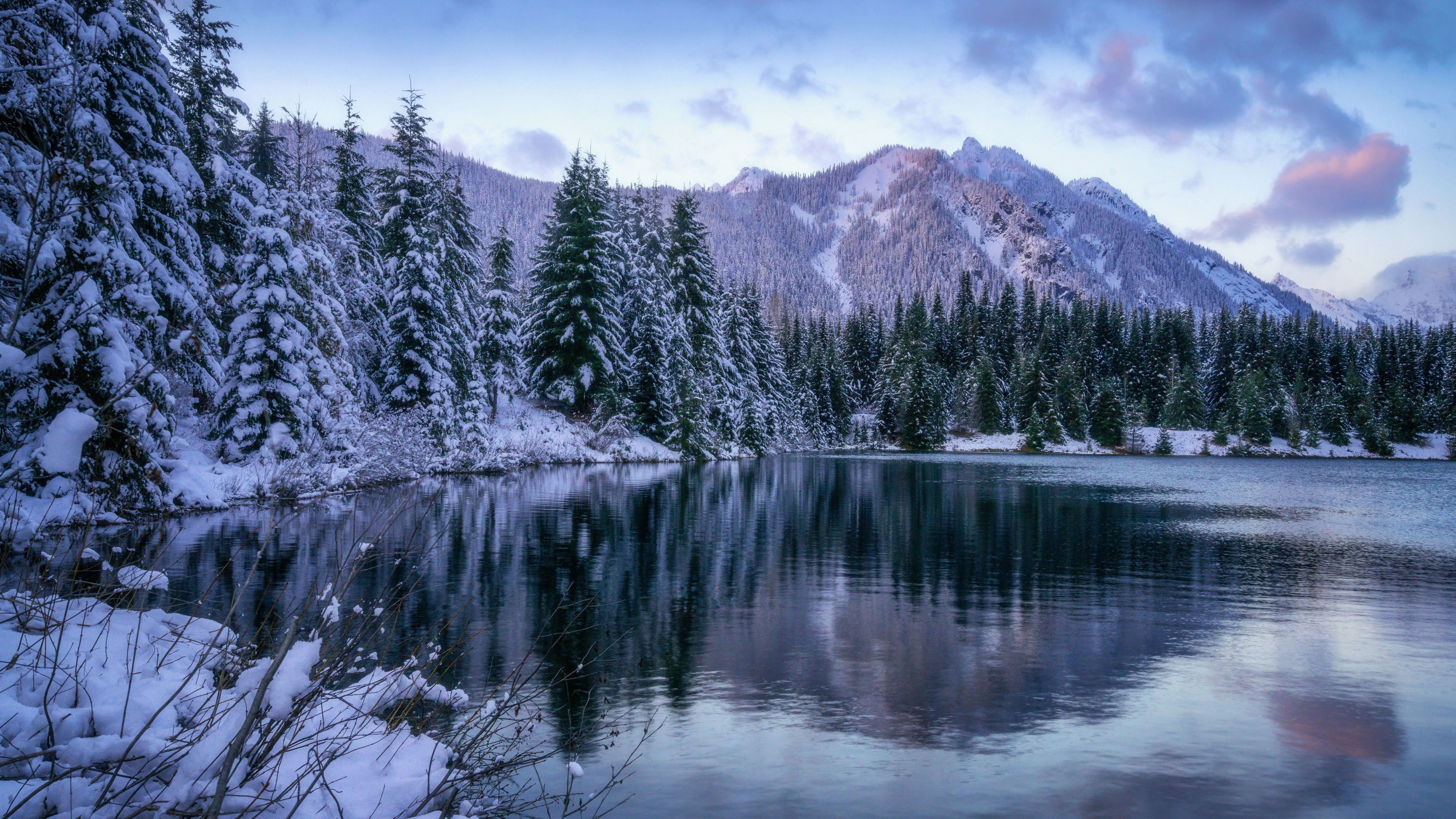 3840x2160 Forest Lake And Snow Covered Mountain