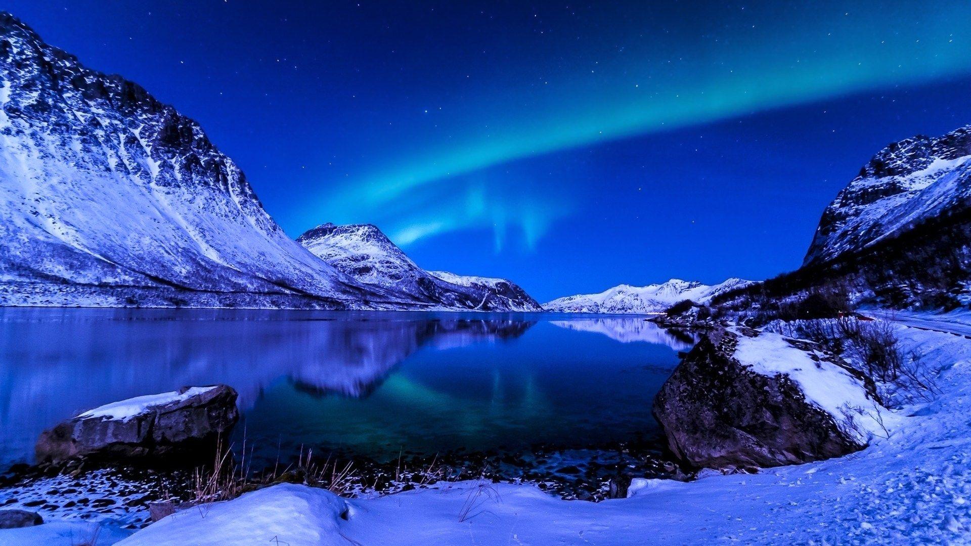 1920x1080 Aurora Borealis, Lake, Mountain, Snow, Winter HD Wallpaper