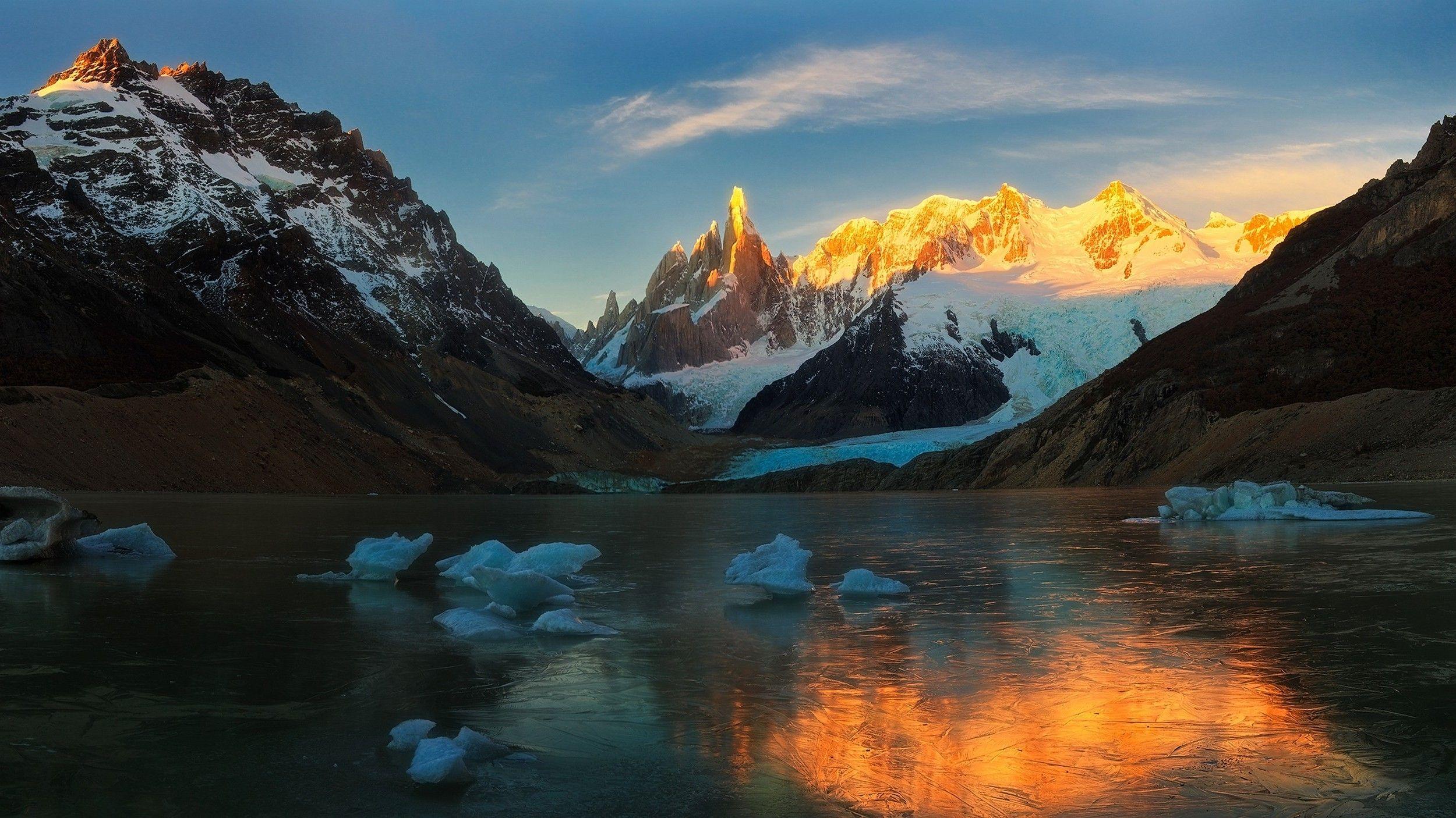 2500x1406 sunrise, Mountain, Lake, Glaciers, Snow, Frost, Ice, Nature
