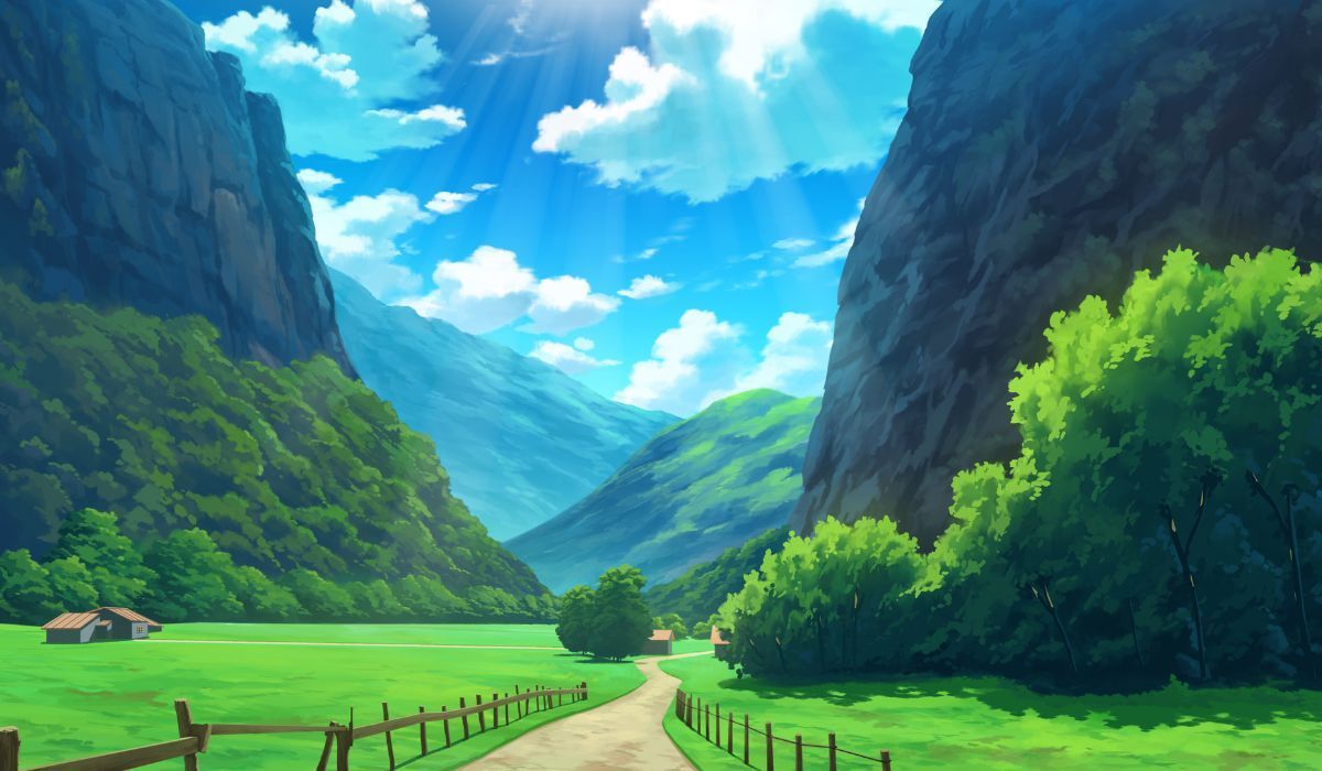 1200x700 Beautiful Rural Village Mountain Nature Anime Wallpaper Mural®