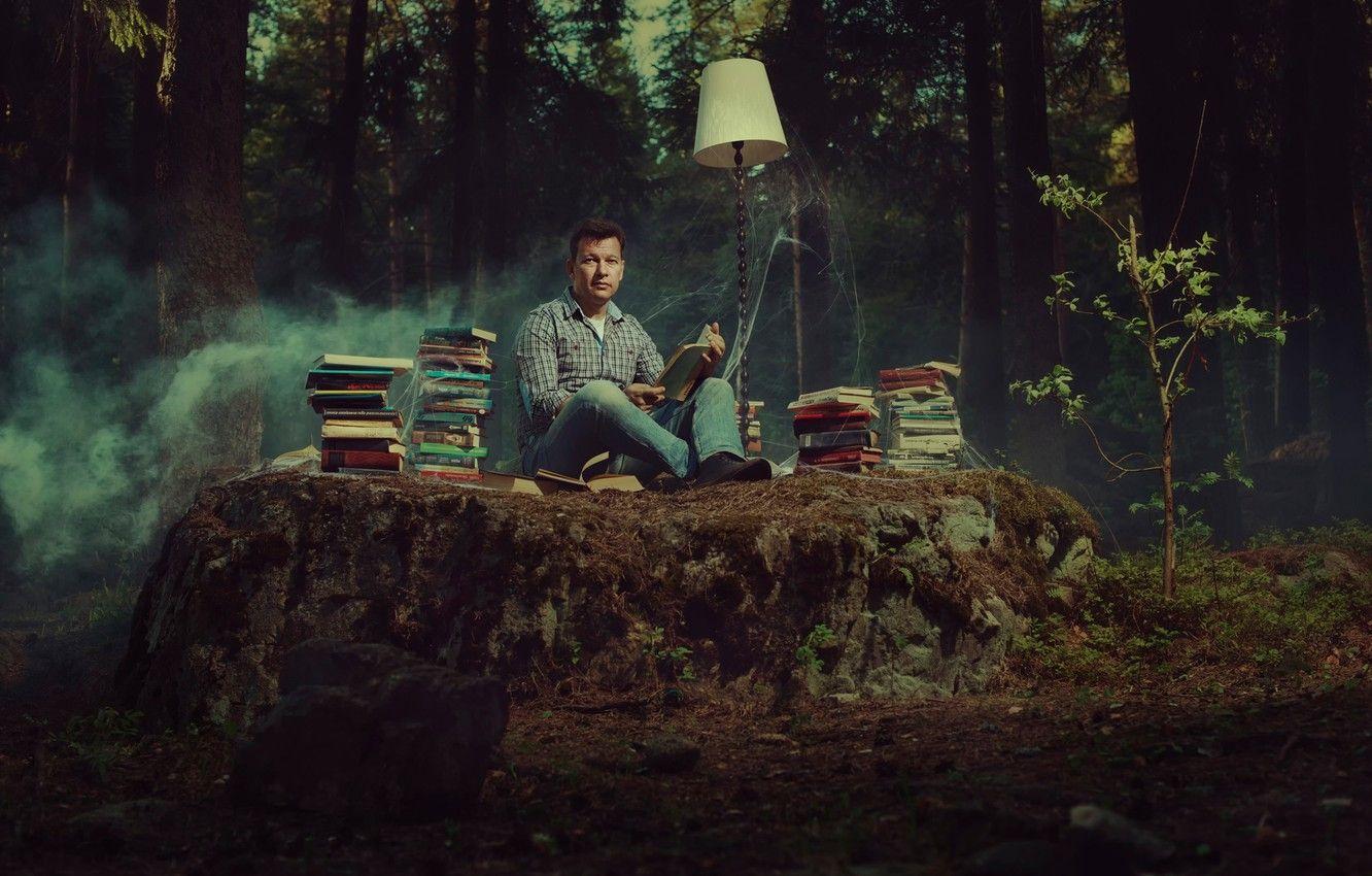 1332x850 Wallpaper forest, books, lamp, web, reading, bibliophile