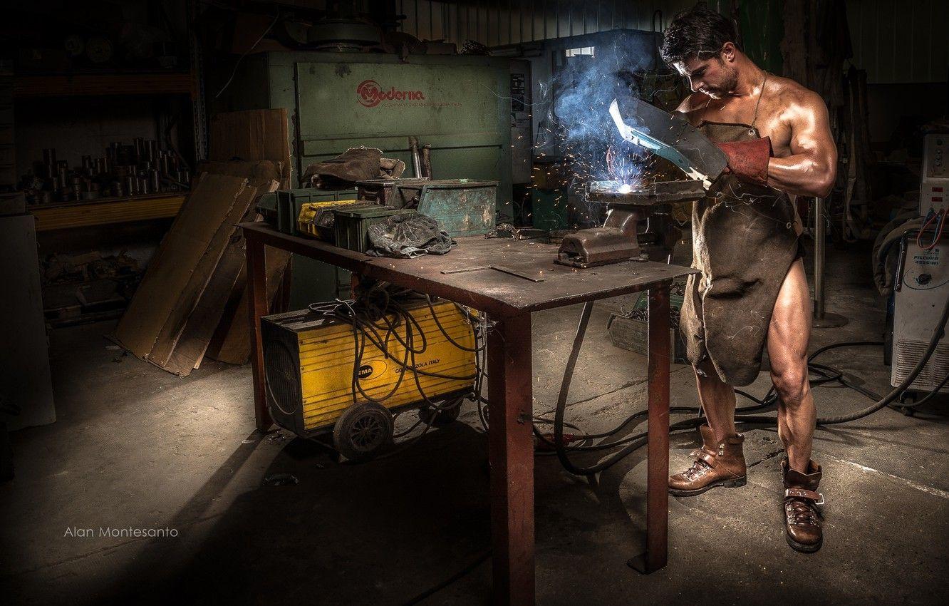 1332x850 Wallpaper male, naked, apron, welding machine, welder image