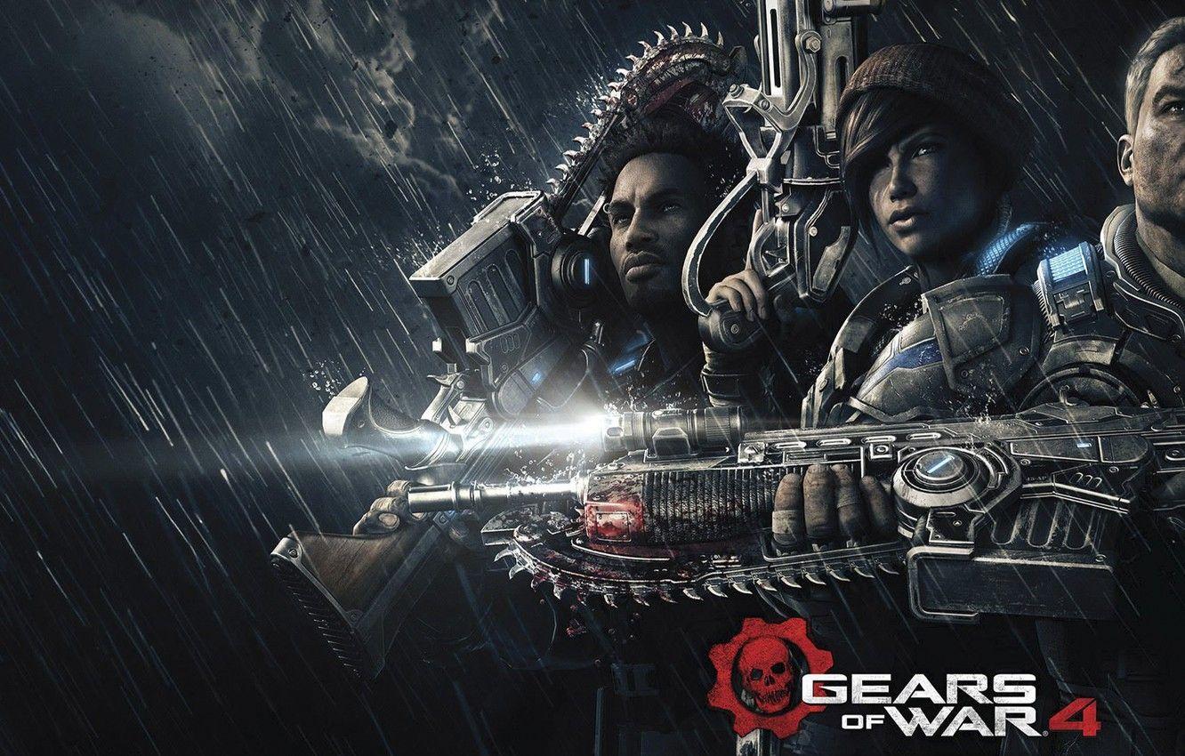 1332x850 Wallpaper look, clouds, weapons, rain, dirt, logo, Microsoft