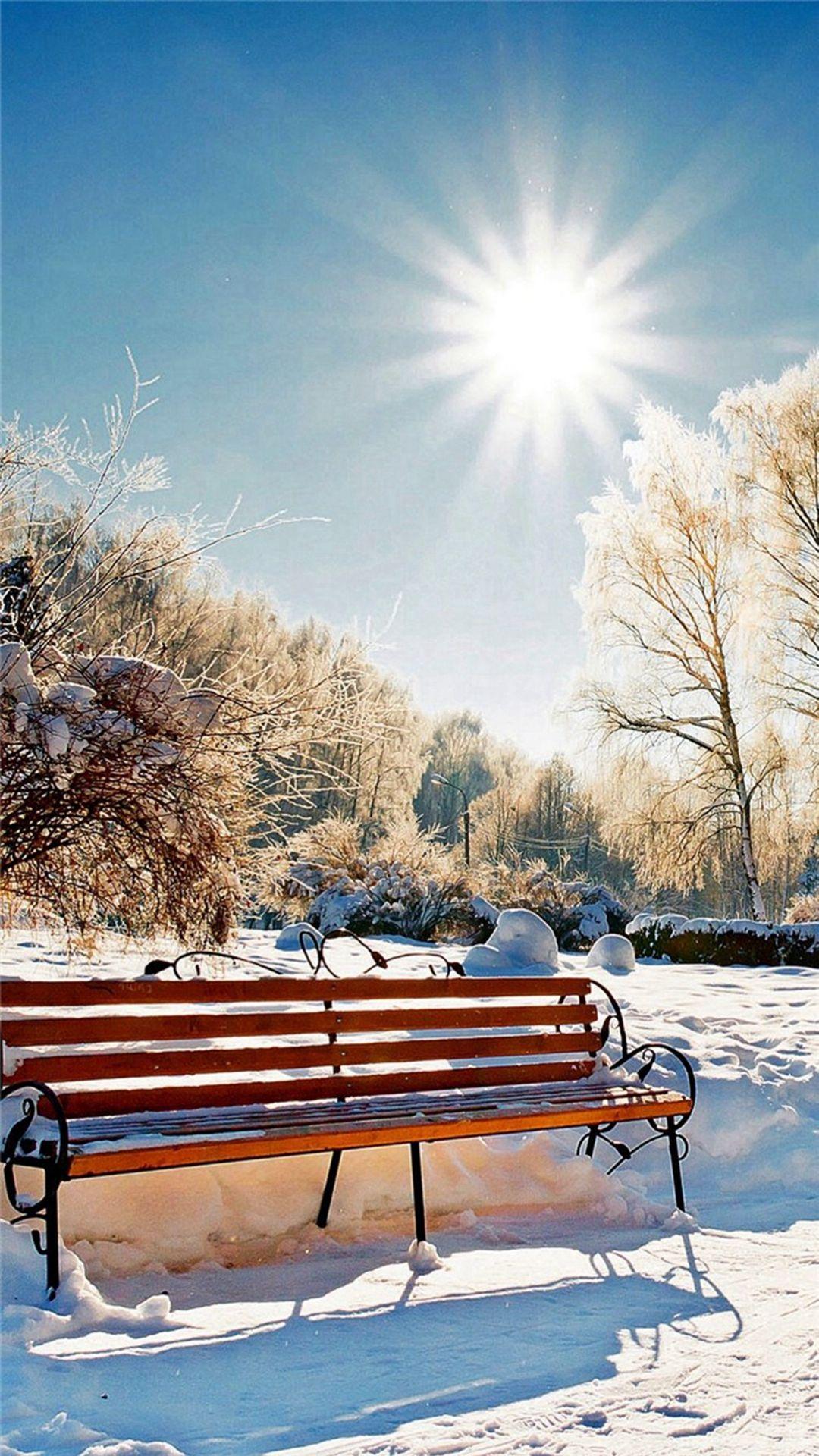 1080x1920 Winter Snowy Sunshine Bright Bench Park iPhone 8 Wallpaper
