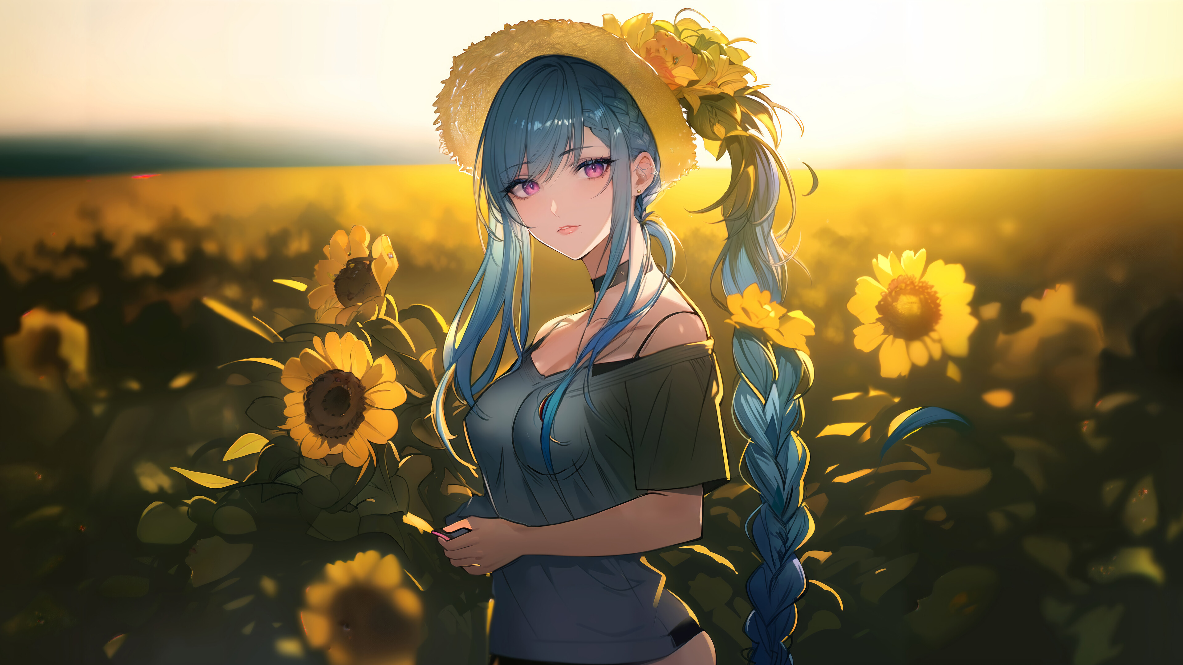 3840x2160 Anime Girl Sunflower Field 4K Wallpaper