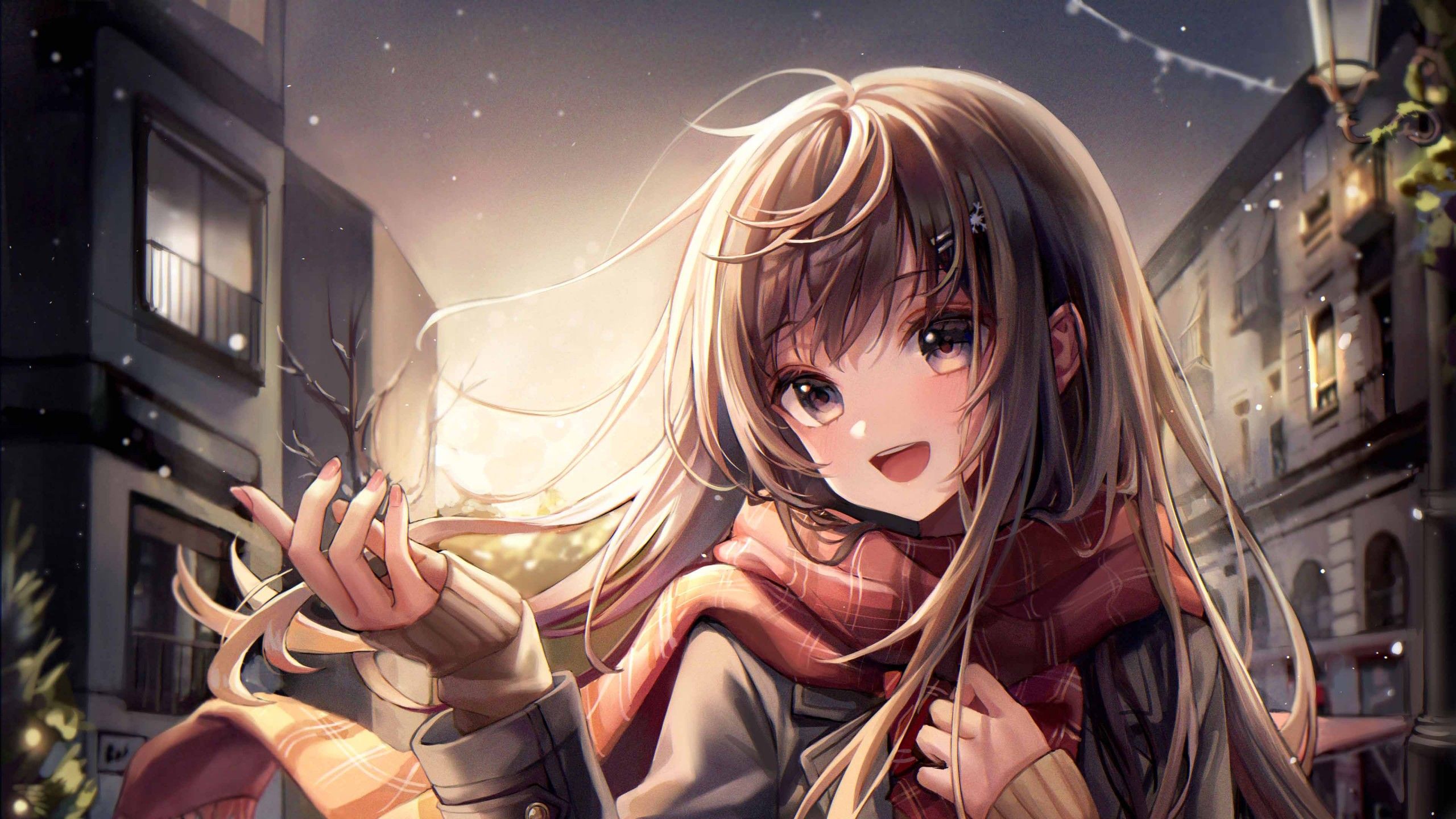 2560x1440 Black Hair Anime Girl Buildings