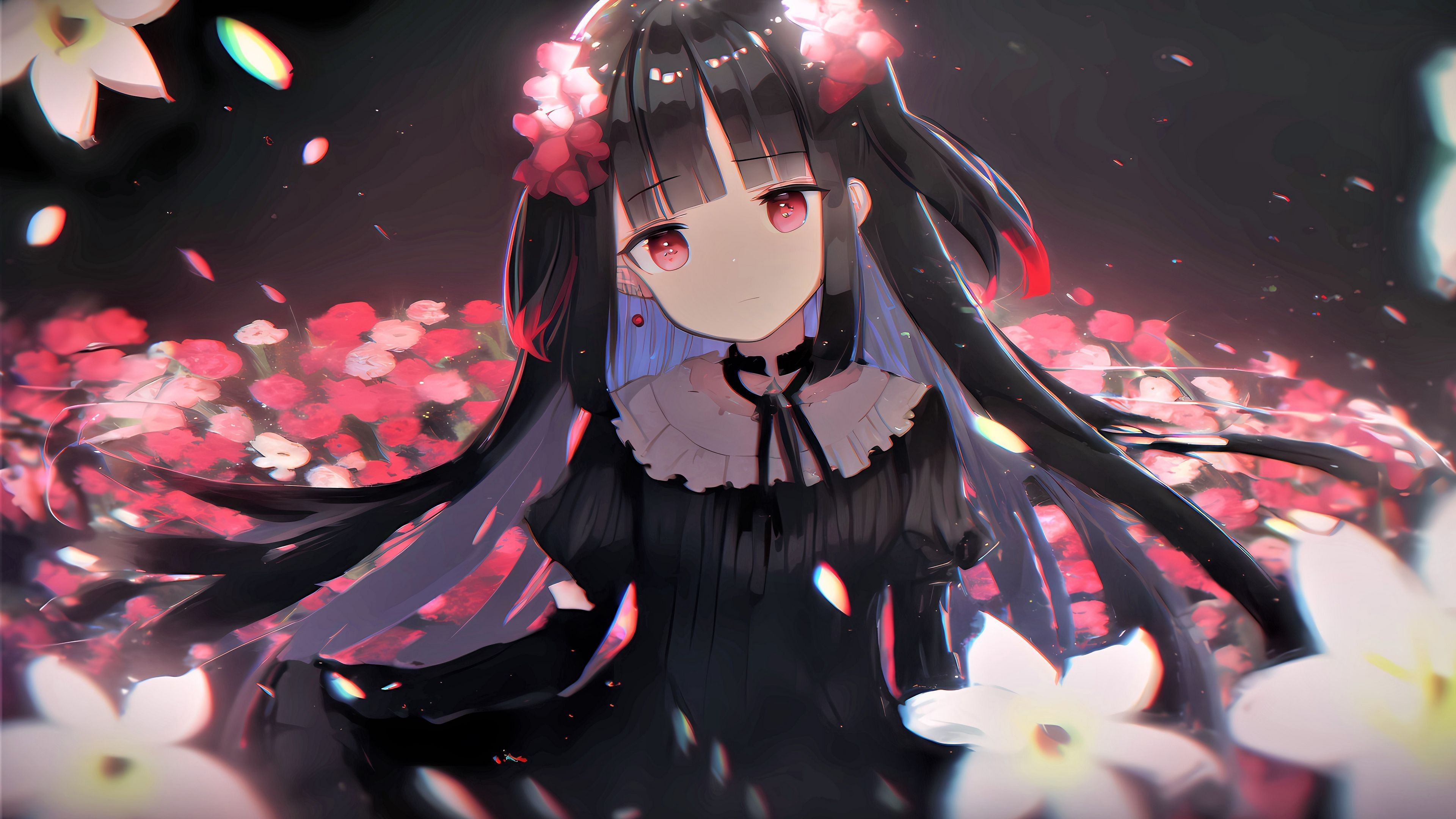 3840x2160 Red Eyes Anime Girl Black Dress Flowers