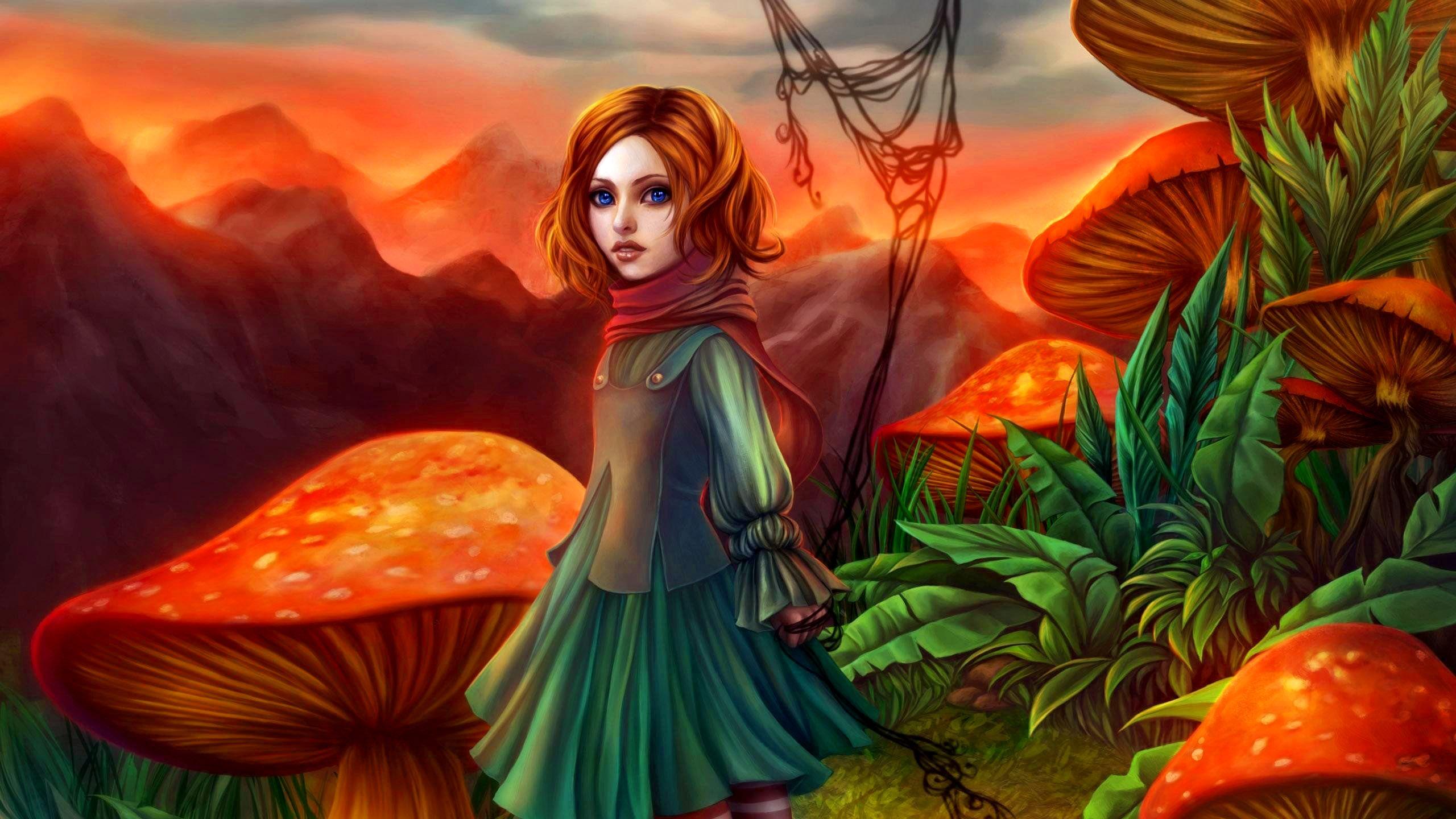 2560x1440 fantasy, mushroom, magic, girl, landscape, fairy wallpaper