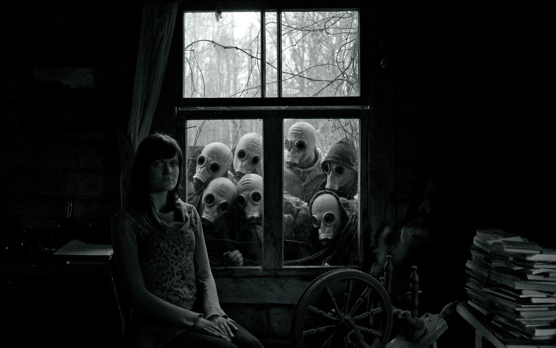 1920x1200 Dark apocalyptic apocal gas mask scary creepy spooky black