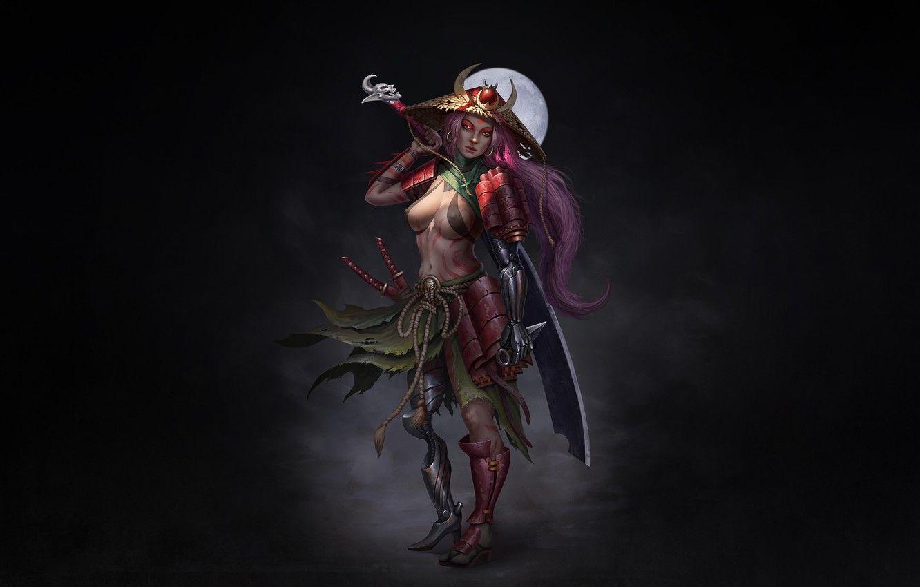 1332x850 Wallpaper Moon, Art, Warrior, Night, Samurai, Illustration, Minimalism, Characters, Cyber, Cyber Samurai, Anarchic Fox image for desktop, section сэйнэн